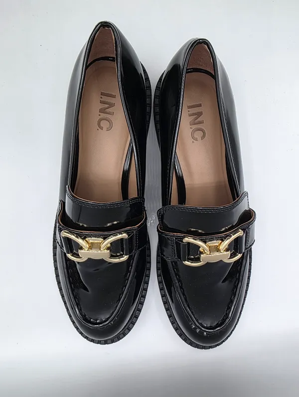 Womens Platform Patent Loafers Slip On Shoes Size 9.5 Black Gold Accents INC NEW - Image 5