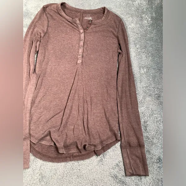 Aerie Brown Long Sleeve ribbed Henley Top medium - Image 3