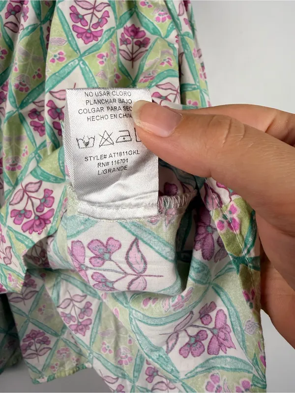 Karlie puff sleeve ruffle green pink block print floral blouse size large - Image 4