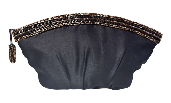 Unique Vintage Genie 80’s Glam Black Satin Evening Clutch with Gold/Black Beaded Gathered Frame - Image 3
