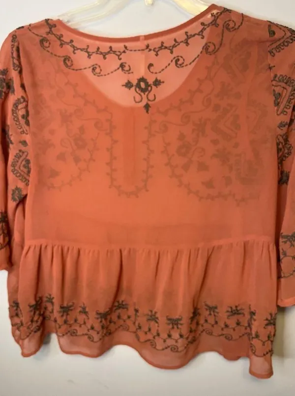 Free People Pennies Sequel Embroidered Peasant Semi-Sheer Blouse Sz M - Image 4