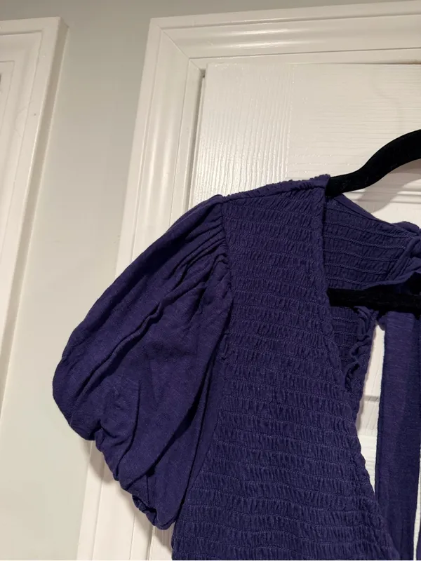 NWOT Free People Size S Blue Smocked Puff Sleeve Open Tie Back Babydoll Top - Image 3