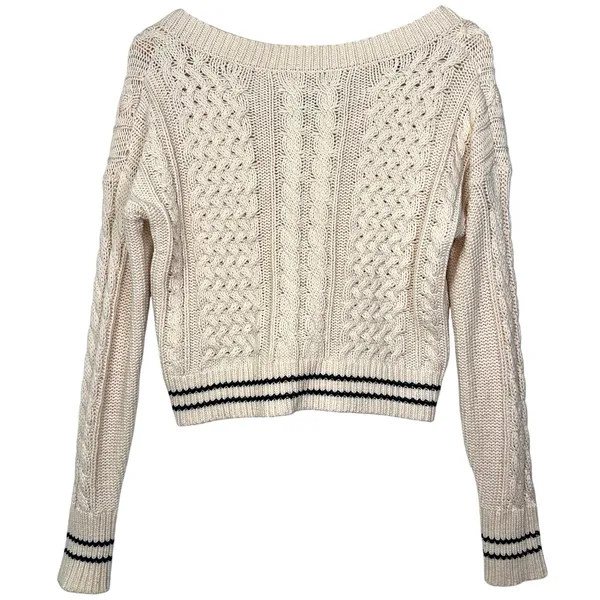 Abercrombie & Fitch Cream Cable Knit Stripe Cropped Varsity V-Neck Sweater Sz XS - Image 3
