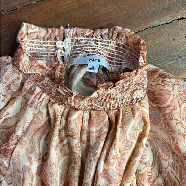 FATE Paisley Smocked Ruffle Neck Balloon Sleeve Flounce Mini Dress Sz S🧡🍄 - Image 10