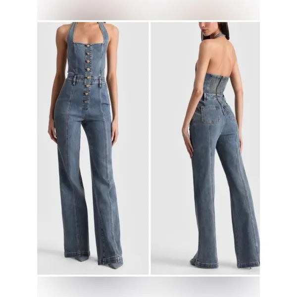 Alice + Olivia Pennie halter denim bootcut jumpsuit 29 - Image 5