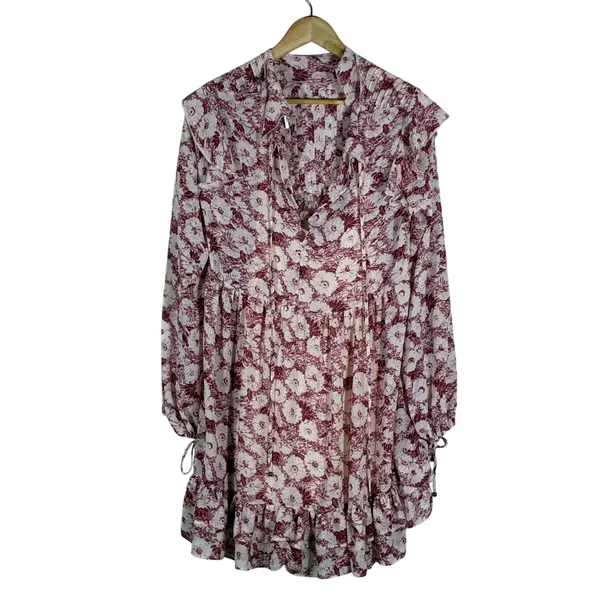Free People Floral Babydoll Ruffle Mini Dress Burgundy Boho Pintuck Size S - Image 3