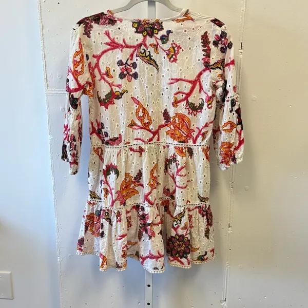 Gianni Bini 3/4 Sleeve Mini Dress‎ Babydoll Tassels Cotton Boho Floral Eyelet XS - Image 3