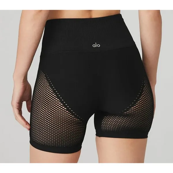 Alo Seamless High-Waist Limitless Open Air Shorts Black Edgy Sheer Mesh Cut-Outs - Image 4
