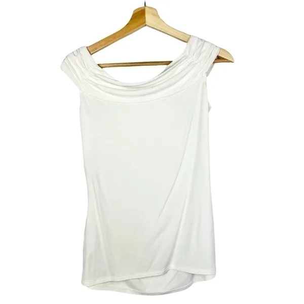 White House Black Market WHBM White Ruched‎ Side Off Shoulder Blouse S - Image 2