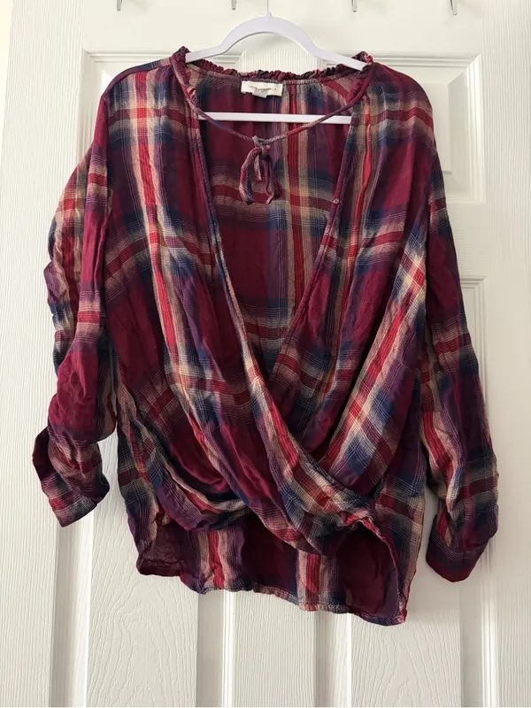 Vintage America Tiffany Plaid Surplice Blouse Roll Tab Sleeve Medium - Image 3