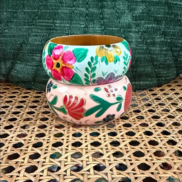 Set of Two Hand Painted Floral Wooden Boho Hippie Cottage Bangle Bracelets - Image 2