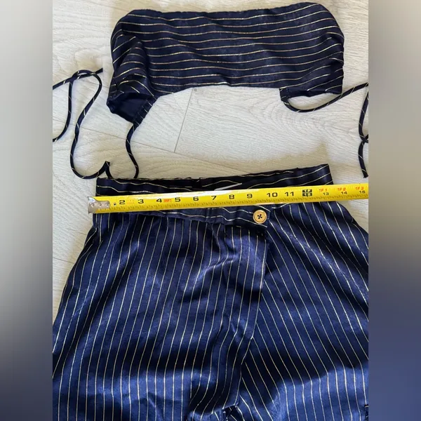 Lucy in the Sky, Navy Blue,Gold Striped Wide Leg Pants Two piece Set Sz S - Image 8