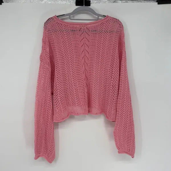 POL Pink Open Knit Cropped Oversized‎ Sweater Balloon Sleeve Crochet Pullover L - Image 2