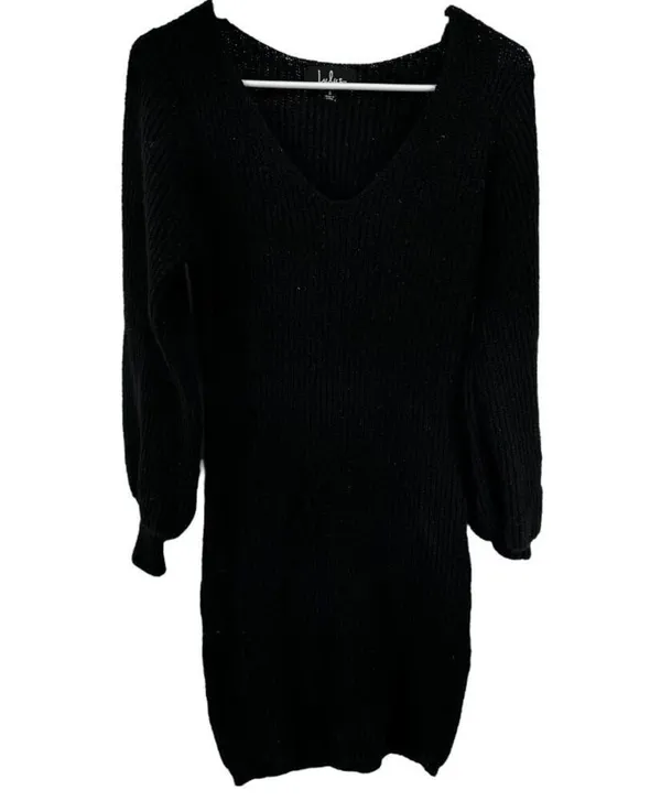 Lulus Heart Of Mine Black Sweater Dress Knit Balloon Sleeve Ribbed Mini - Image 2