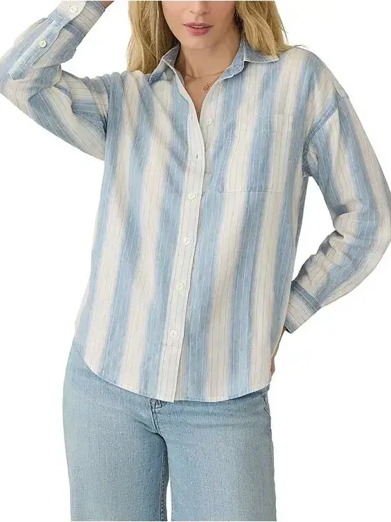 FAHERTY Relaxed Striped Shirt Button Down Blouse Blue Linen Blend Womens Size M - Image 3