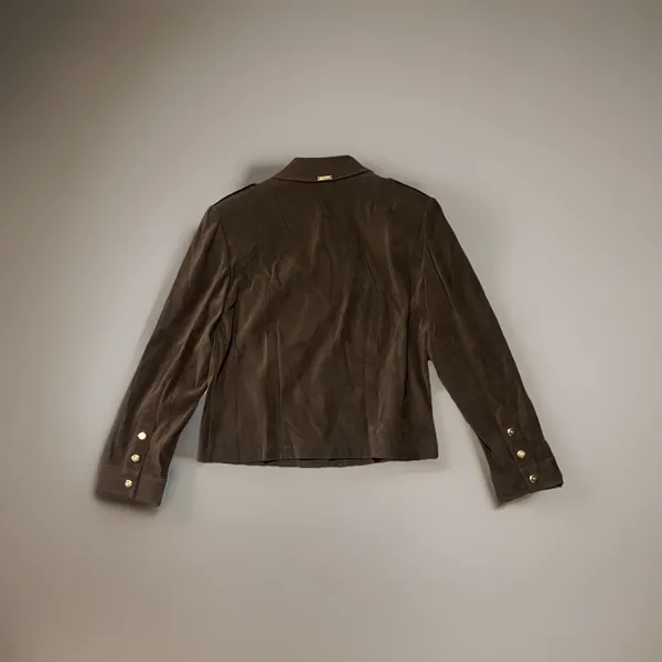 St John Sport Dark Brown Polyester Blend Faux Suede Snap Front Epaulet Jacket M. - Image 2