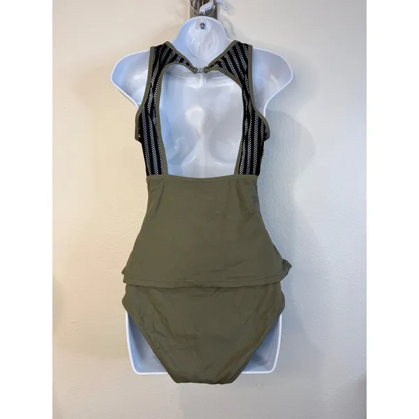 Cupshe Olive Green Ribbed Tankini Set High Neck Mesh Cutout Back Size M - Image 4