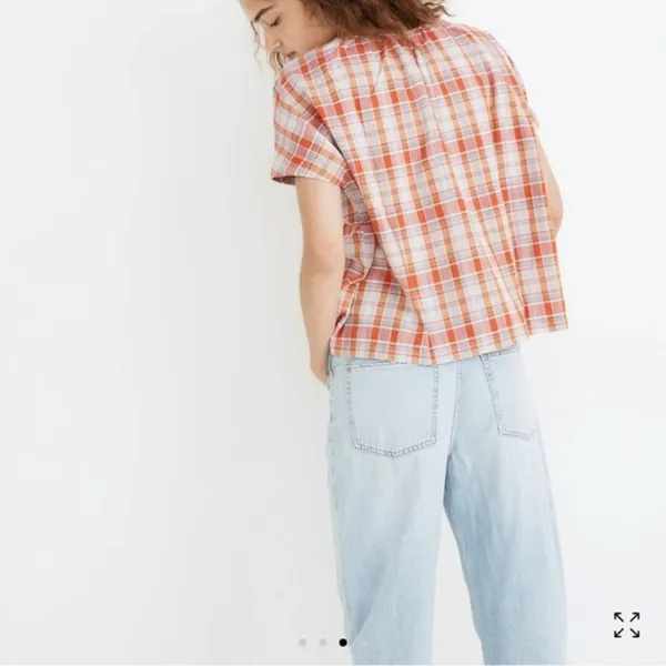 Madewell Orange White Plaid Shirred Cotton Blouse Size XS Oversized Boxy‎ EUC - Image 2