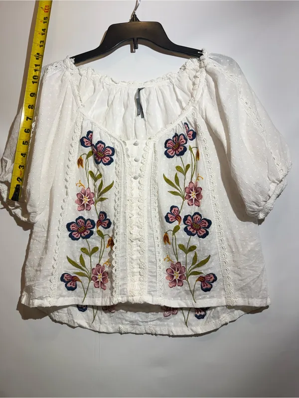 Anthropologie Embroidered Puff Sleeve Swing Blouse Boho Cotton Top Size XS - Image 5