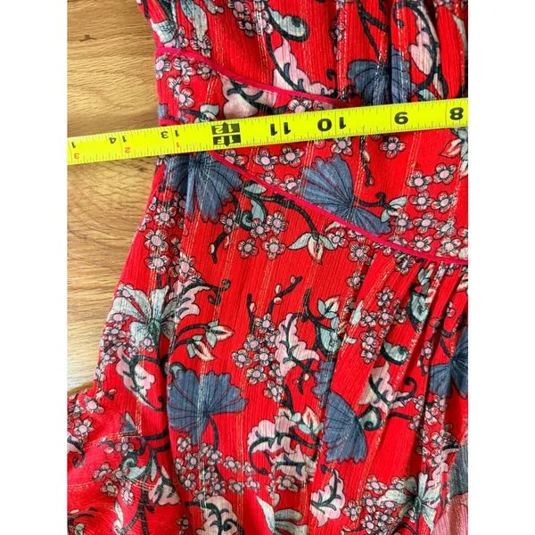 ba&sh Red Floral Lurex Midi Dress‎ V-Neck Front Slit Small - Image 7