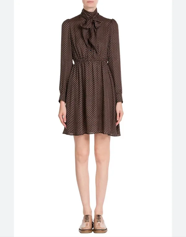 Tara Jarmon Brown Black Polka Dot Bow Tie Long Sleeve Fit Flare Mini Dress 6 - Image 5