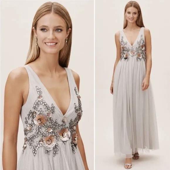 BHLDN Isabel Gray Embellished Tulle Maxi Dress 2 3D Floral Sequin Gown Wedding - Image 2