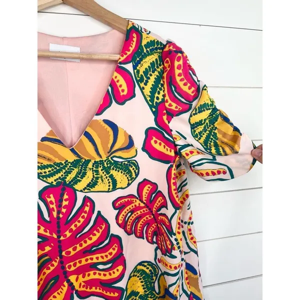 Adrienne Tropical Palm Print V-Neck Half Puff Sleeves Blouse Top Size Medium - Image 5