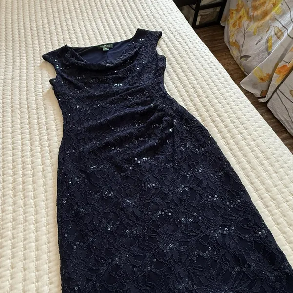 Lauren Ralph Lauren Blue Sequin Lace Ruched Sheath Cocktail Dress Sz 4 - Image 15