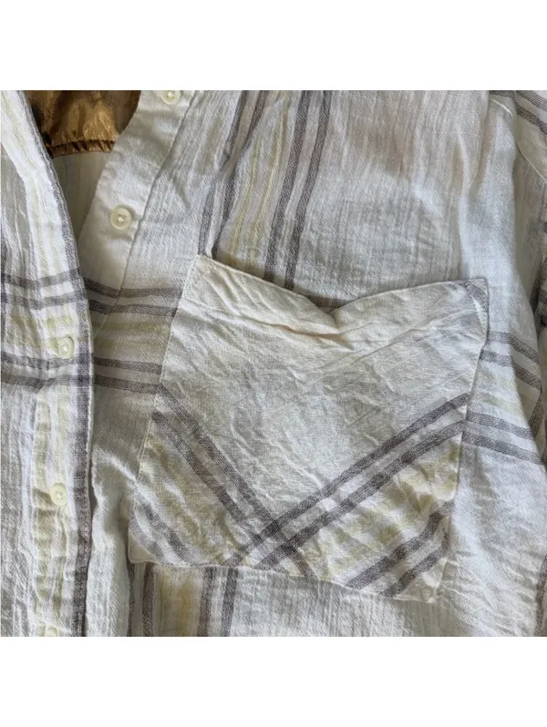 Free People Cutie Plaid Button Down Cream and yellow size small - Image 7