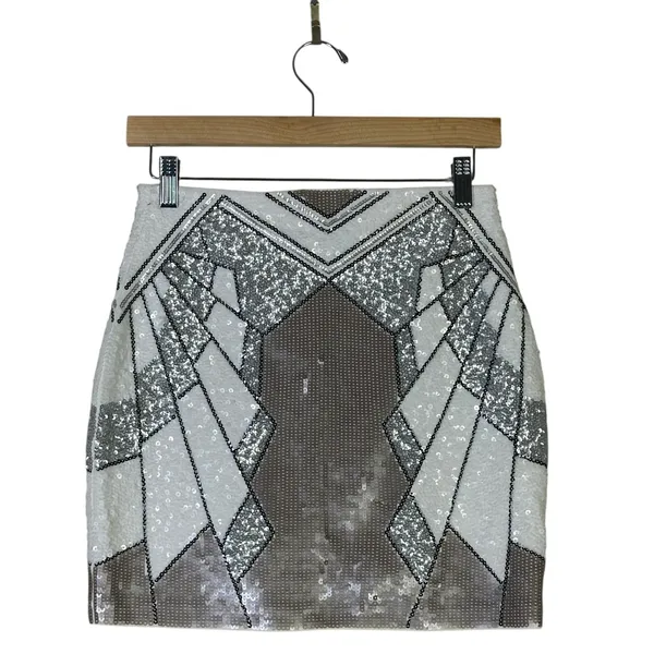 NWT Express Sequin Mini Skirt Womens XS White Silver Geometric High Rise NYE - Image 4