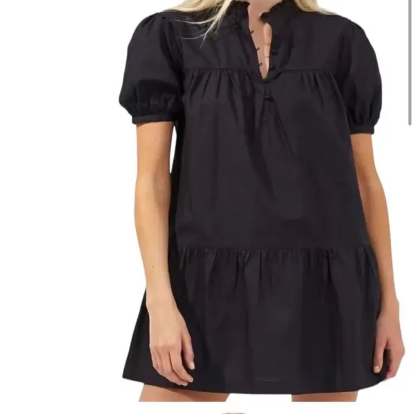 French Connection Poplin Mini Dress Puff Sleeve Black Small Preppy Coastal Chic - Image 5
