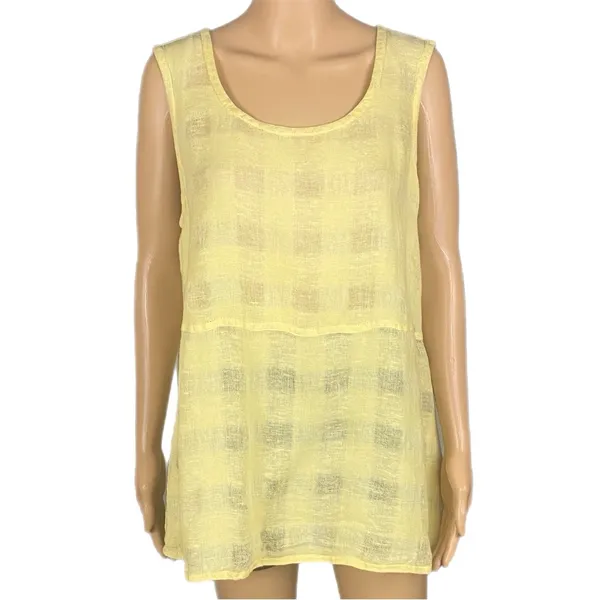 FLAX 100% Linen Yellow Woven Windowpane Check Tank Top Lagenlook Medium FLAW - Image 2
