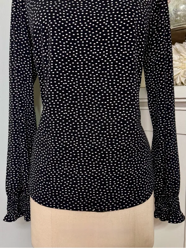 Adrianna Papell Black Polka Dot Long Sleeve Ruffled Mock Neck Blouse Size Large - Image 4