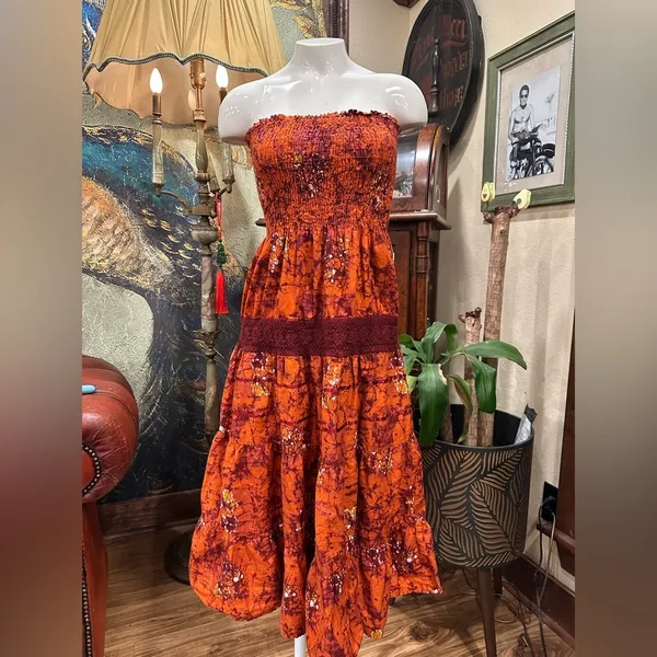 S'Cool Boho Batik Strapless Smocked Maxi Dress Rust Orange Cotton Tiered - Image 3