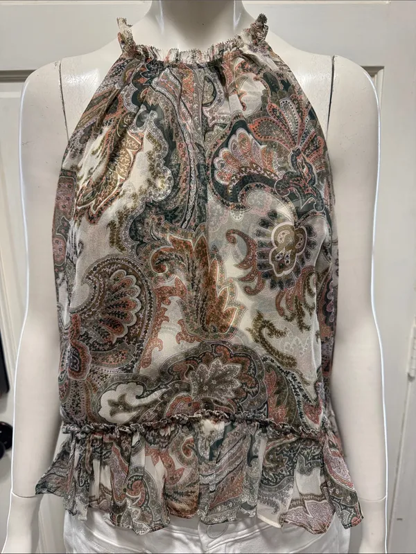 Veronica Beard 100% Silk Paisley Halter Tank - Green, Cream, Coral Size 8 - Image 3