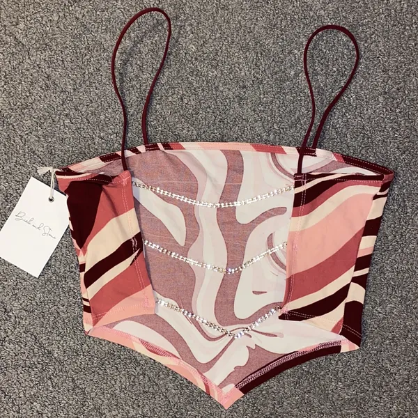 Birch and Stone Pink and White Cut Out Rhinestone Back Bandeau Curve Hem CropTop - Image 2