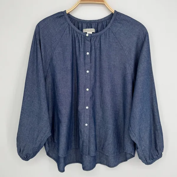 Outerknown Button Front Blouse Small Blue Chambray Coastal Boho Sustainable Top - Image 2