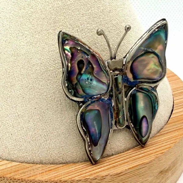 Vintage Alpaca Mexico Abalone Shell Butterfly Brooch - Image 3