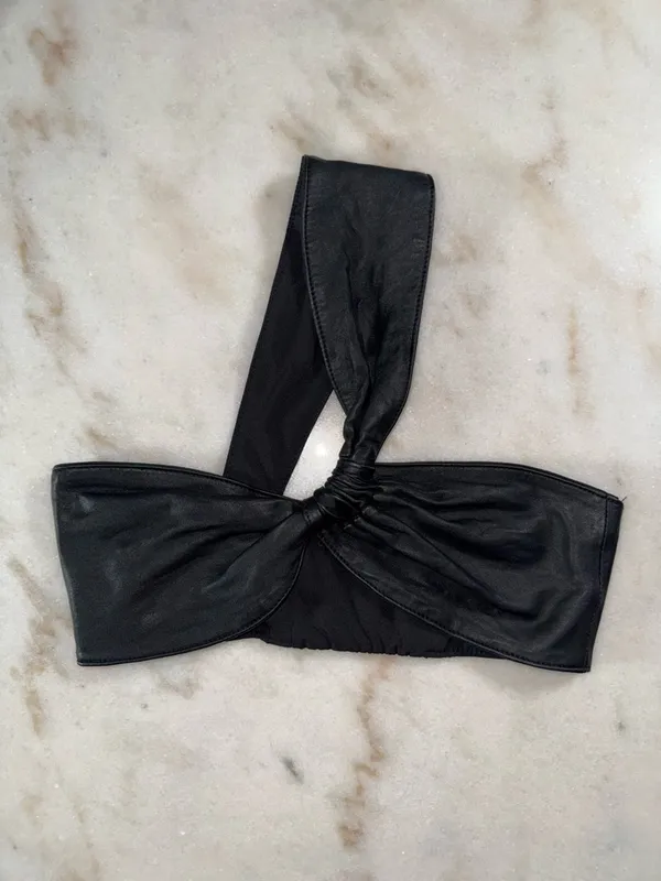 ZARA Black Leather One Shoulder Knot Crop Top Lambskin Stretch Band Small EUC - Image 2
