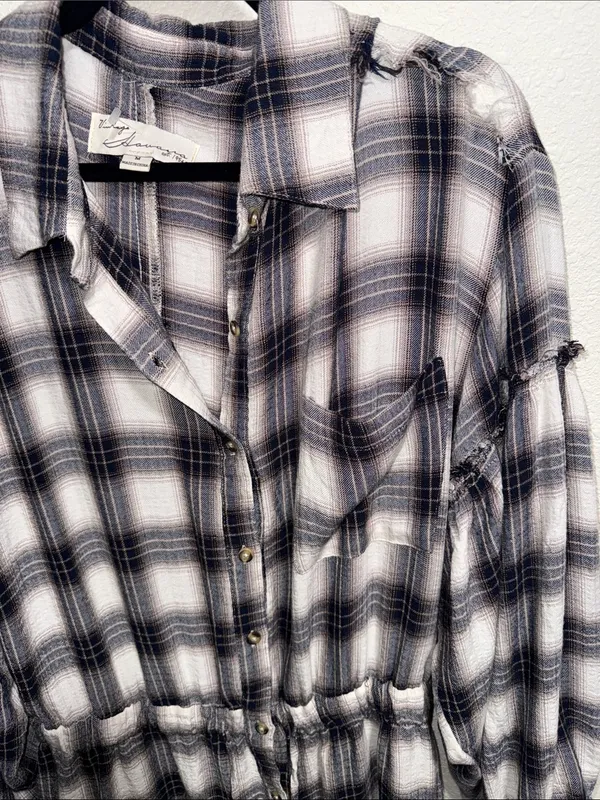 Vintage Havana Plaid‎ Button Down Shirt Dress Navy White Distressed Medium - Image 6