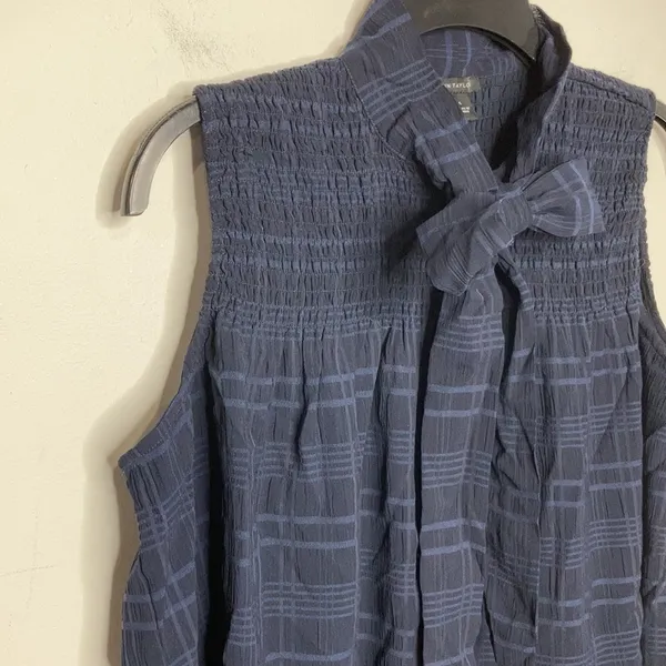 NWT Ann Taylor navy‎ blue plaid tie neck top size small - Image 2