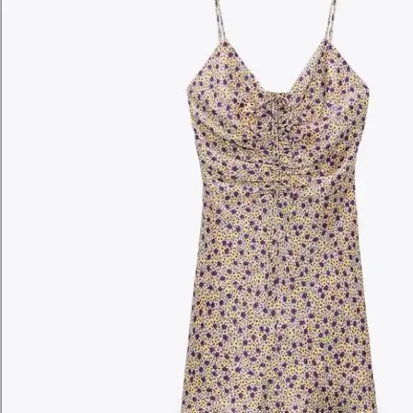 NWT Zara Yellow‎ Floral Draped Satin Effect Mini Dress - Image 4