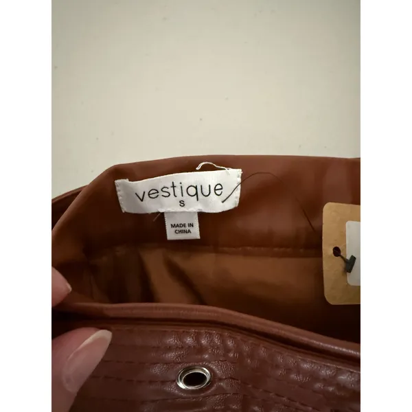 Vestique Camel Brown Vegan Faux Leather Belted Tiered Short Mini Skirt Small NWT - Image 7
