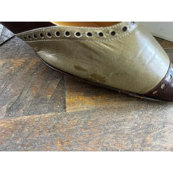 Manolo Blahnik Pumps 36 Brown Olive Leather Wingtip Brogue Kitten Heel Vintage - Image 10