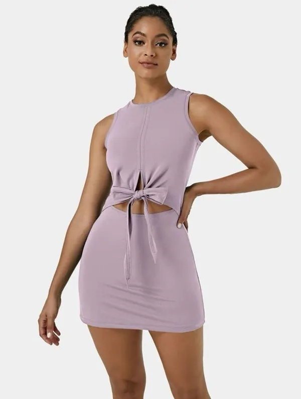 Halara Sleeveless Cut Out Tie Back 2-Piece Pocket Mini Yoga Activity Dress large - Image 2