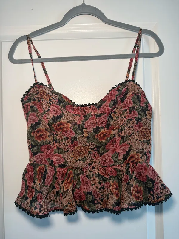 Dress Forum Tank Vintage Floral Print Striped Lurex Top with Lace Trim - Image 2