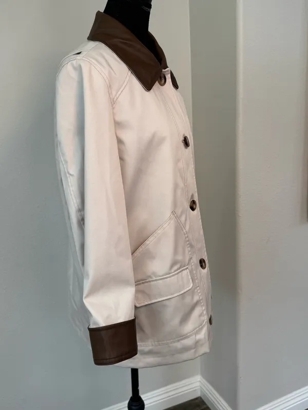 Sanctuary Cream Barn Jacket With Brown Faux Leather Trim M - Image 4