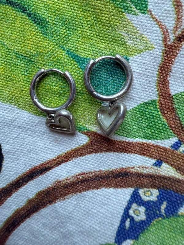 Karen Scott Silver Hoop Earrings with White Heart Charms - Image 2