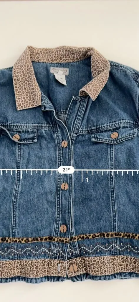 Y2K Vintage Western Country Boho Chic Leopard Print Beaded Trim Denim Jacket - Image 4