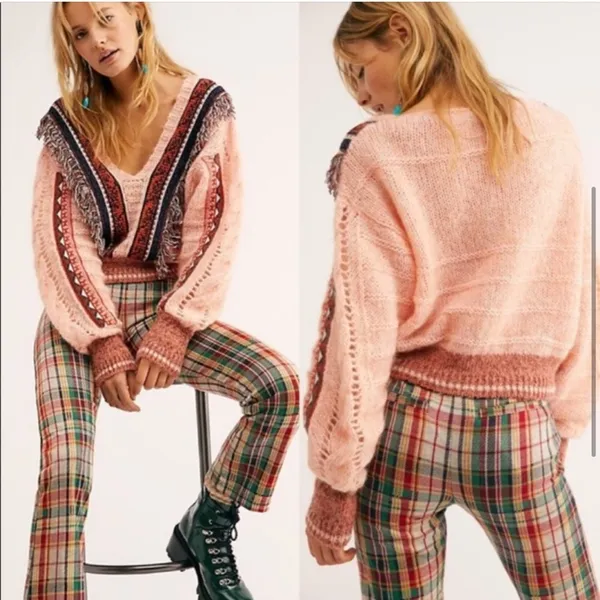 Free People Passion Fruit Peach Fringe Sweater Alpaca Wool Large Boho - Image 5